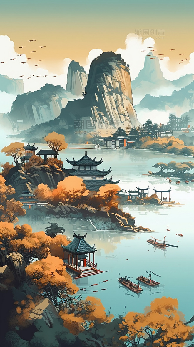 远山清河古建筑中国风景船只鸟类超生动的色彩平面插图风格