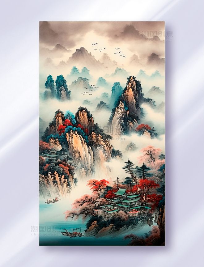 山水 水墨18 Japanese Boxed Hanging Scroll Vtg Mountains River Landscape