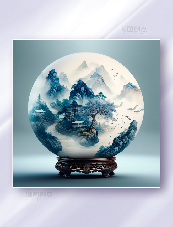 中国风青花瓷盘古代山水风景图瓷器插画花瓶