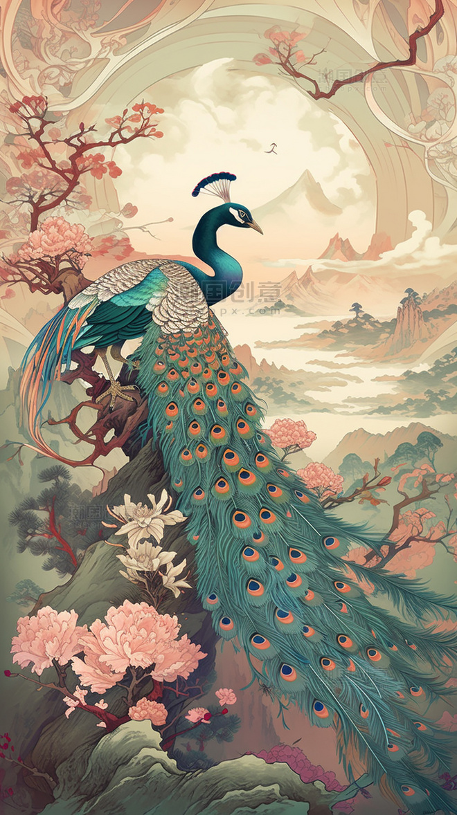 国潮风孔雀祥云鸟类远山中国风格色彩丰富插画浮世绘