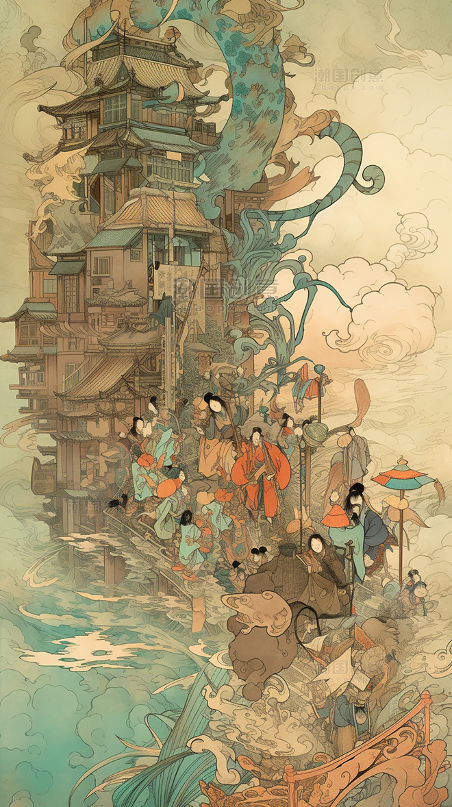 浮世绘中国建筑人物山水花鸟超细节水彩画