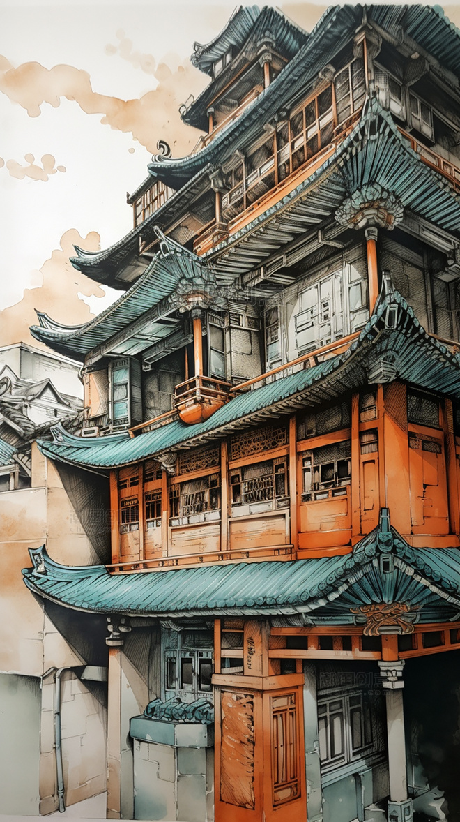 中国传统建筑古镇建筑亭子超细节水彩画