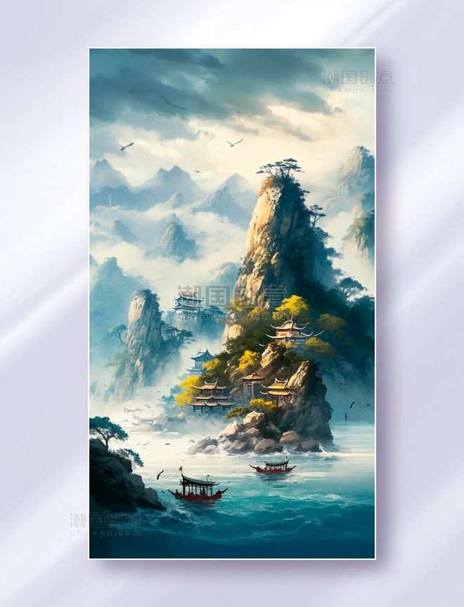 中国山水画山水飞鸟云雾游戏小说霞光图图片_潮国创意