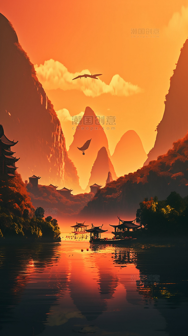 中国山水风景图插画游戏写实夕阳晚霞