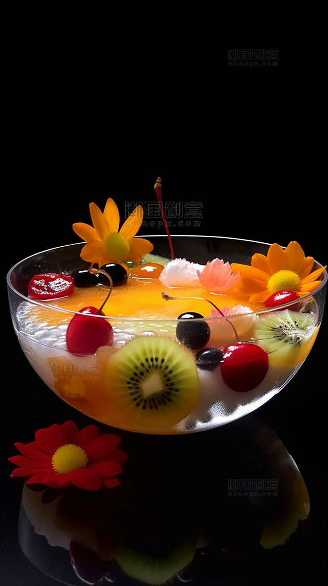 一碗甜品甜点水果装饰花朵创意特写逼真