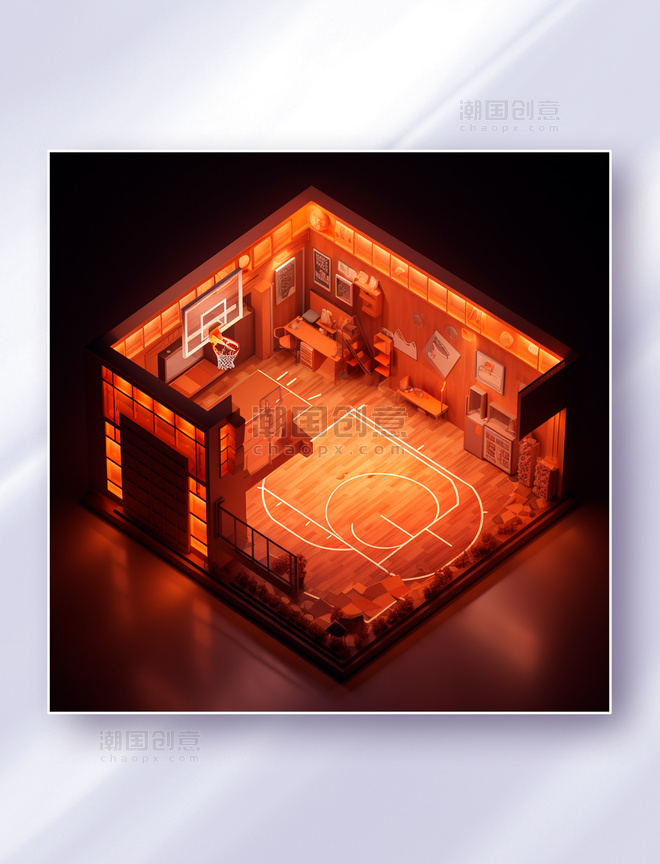 3D渲染立体等轴距微缩篮球场场景图
