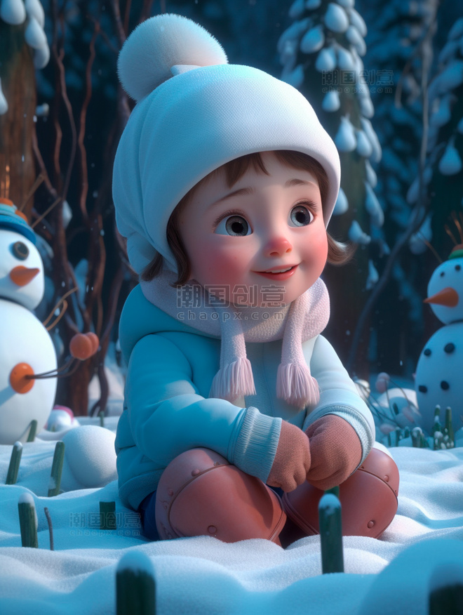 3D立体泡泡玛特风冬天坐在雪地里的可爱小女孩和小雪人场景图冬天