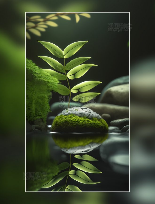 绿色石头植物拍摄背植物倒影产品摄影背景