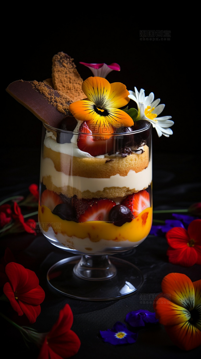 西式甜点提拉米苏蛋糕水果装饰花朵创意特写逼真