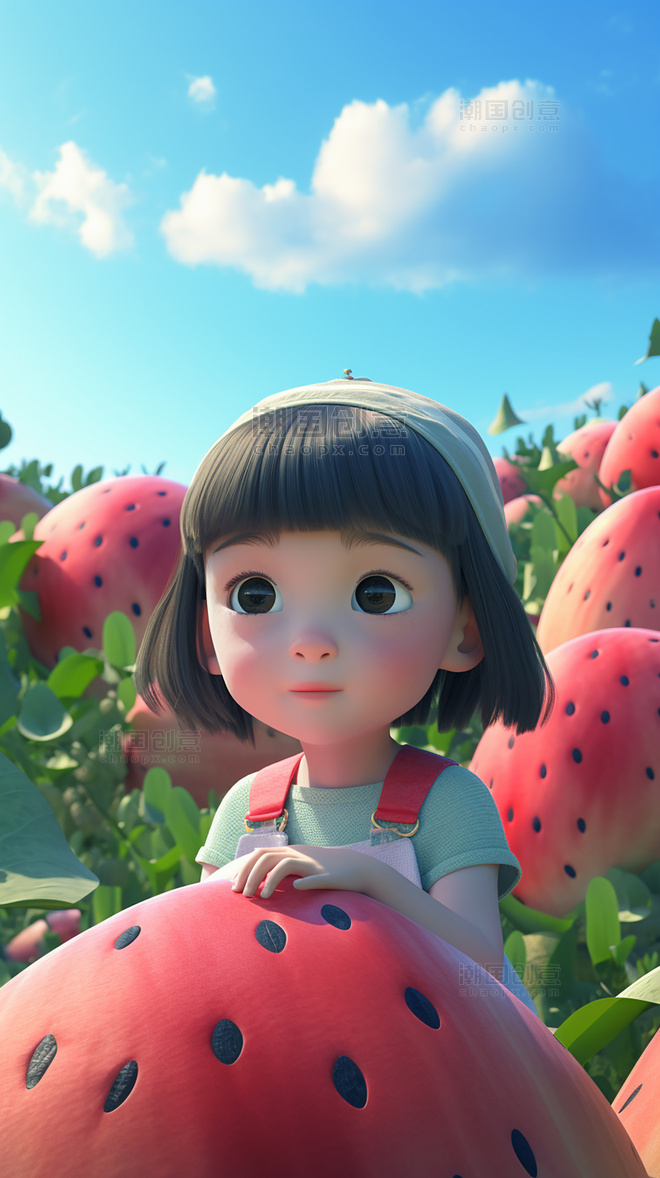 春天蓝天白云女孩草莓乐园蝴蝶气球花朵3D插画