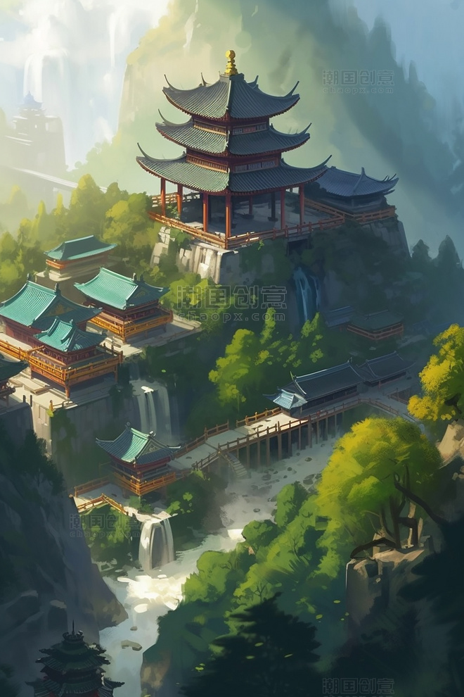群山环绕山顶建筑群古代的中国寺院小桥流水瀑布树林远景