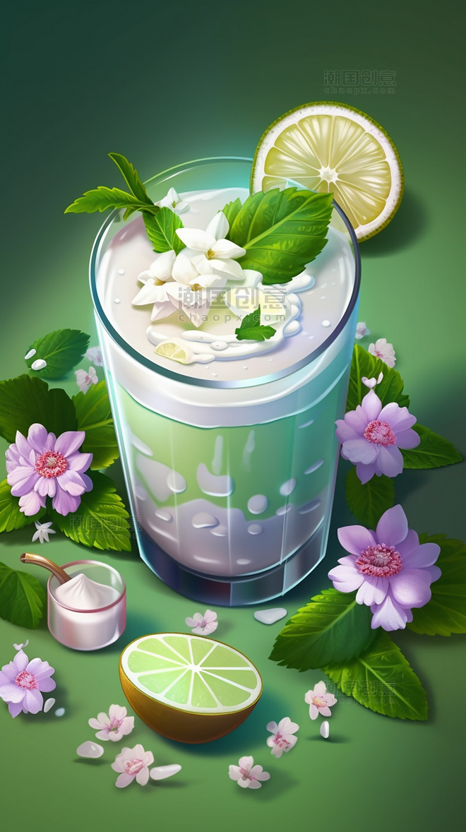 夏日椰汁饮料水果薄荷柠檬果冻玻璃杯水果茶栀子花夏天椰奶