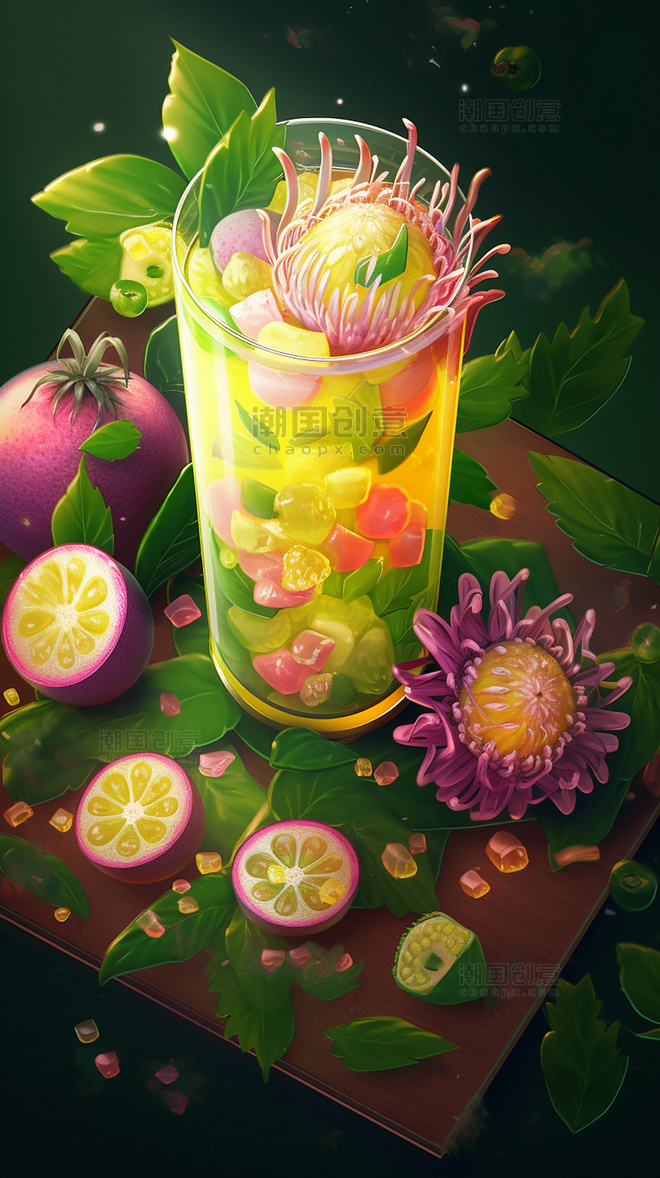 夏日百香果饮料水果薄荷柠檬果冻玻璃杯花丰富的细节饮料