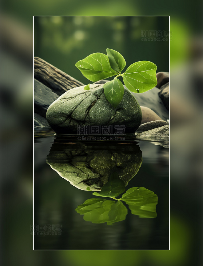 叶子绿色石头植物拍摄背植物倒影产品摄影背景化妆品摄影背景风景景物
