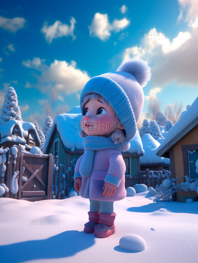 3D立体泡泡玛特风冬天站在雪地里的可爱小女孩场景图冬天