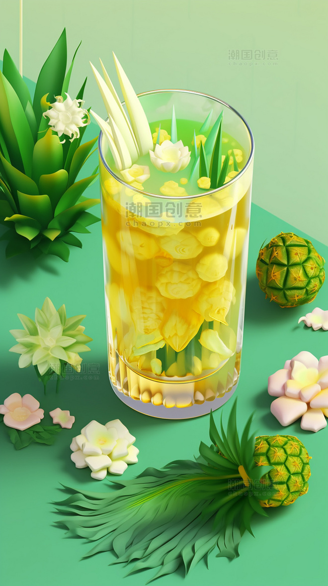 夏日菠萝饮料水果薄荷柠檬果冻玻璃杯夏天水果茶