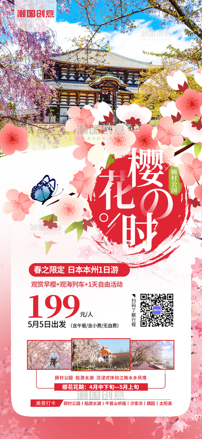 旅游宣传赏樱季粉色简约大气全屏海报