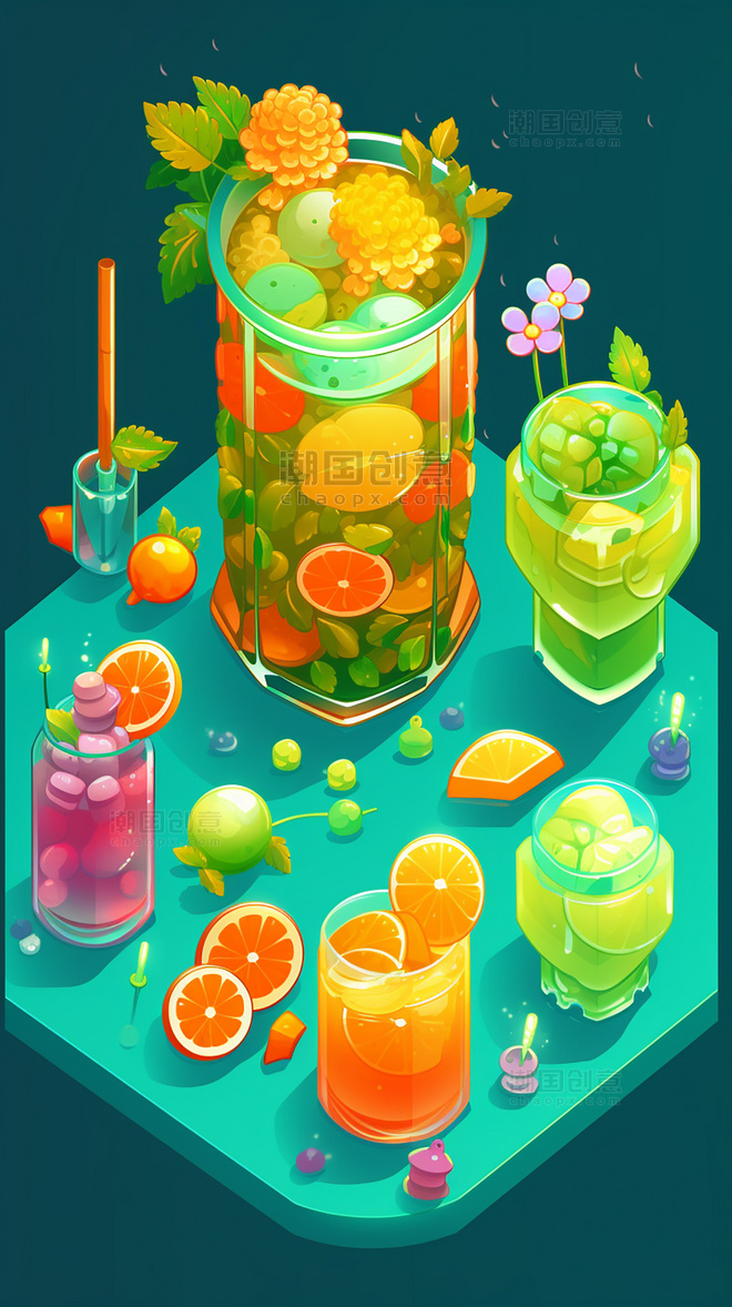 夏日橙子饮料水果薄荷柠檬果冻玻璃杯花丰富的细节饮料