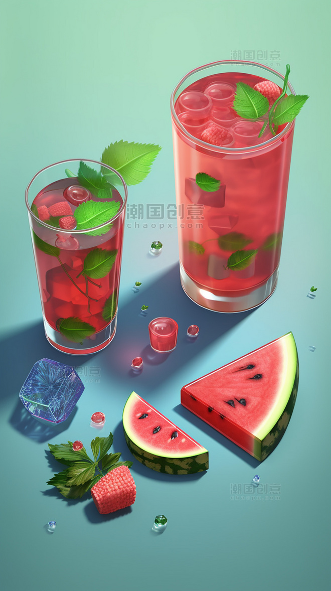 夏日西瓜饮料水果薄荷柠檬果冻玻璃杯夏天