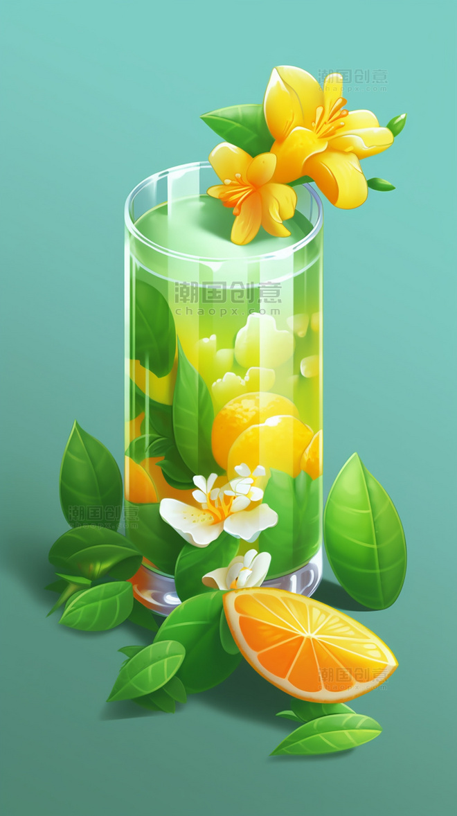 夏天水果茶夏日橙子饮料水果薄荷柠檬果冻玻璃杯