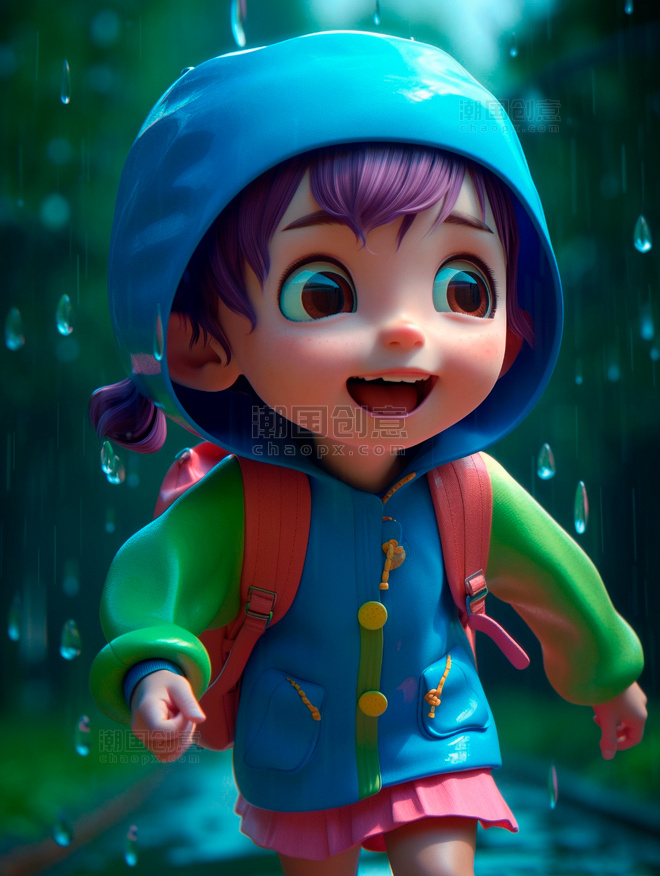 3D立体泡泡玛特风下雨天可爱小女孩背着书包奔跑回家场景图