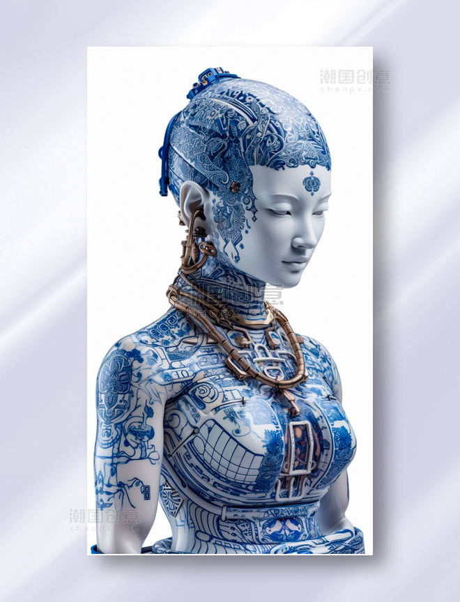 创意中国青花瓷电路板皮肤赛博朋克人物机械佛概念插画