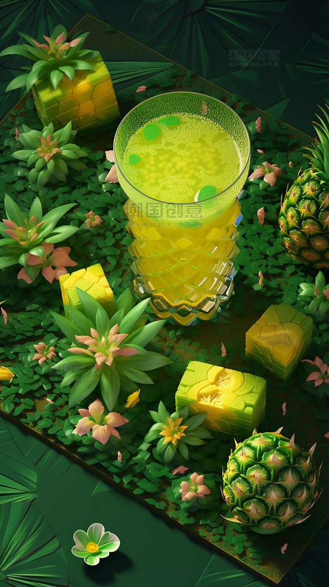 夏日夏天菠萝饮料水果薄荷柠檬果冻玻璃杯饮料水果茶