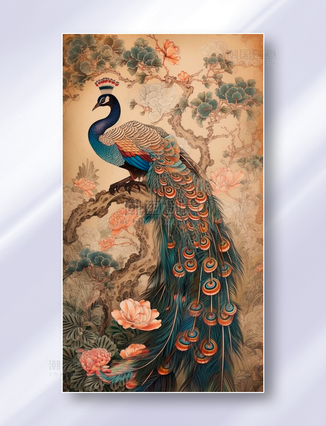 孔雀中国风国画花鸟风景图工笔画