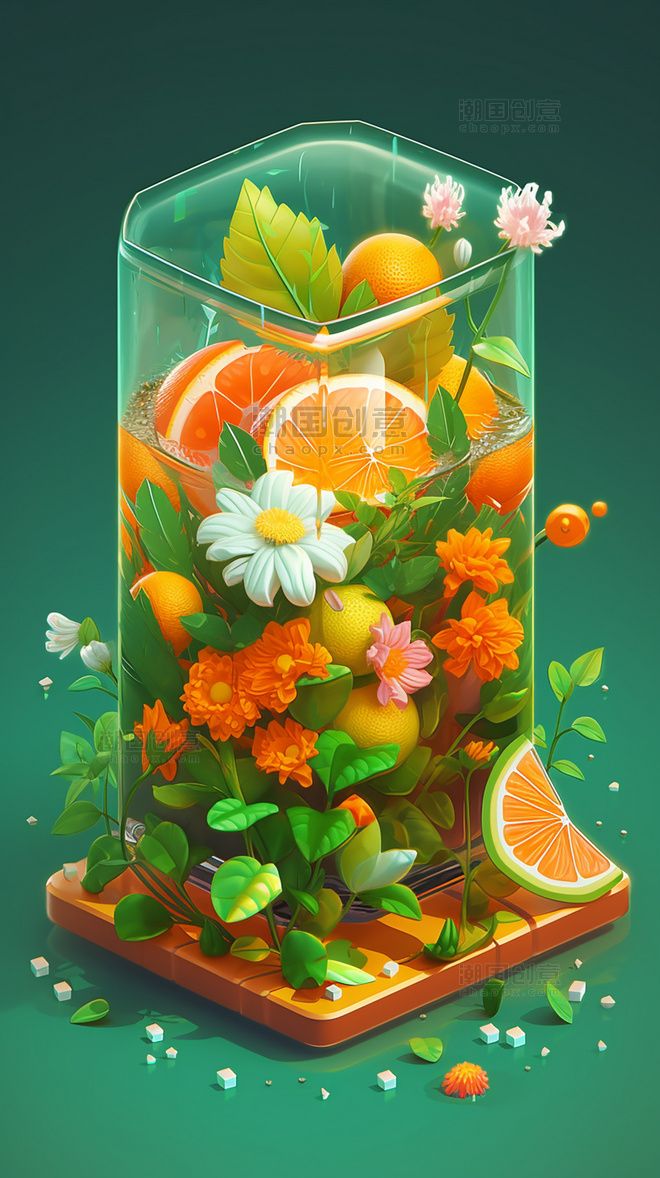夏日橙子饮料水果薄荷柠檬玻璃杯水果茶夏天
