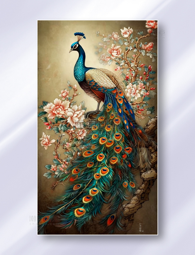孔雀中国风国画花鸟风景图工笔画