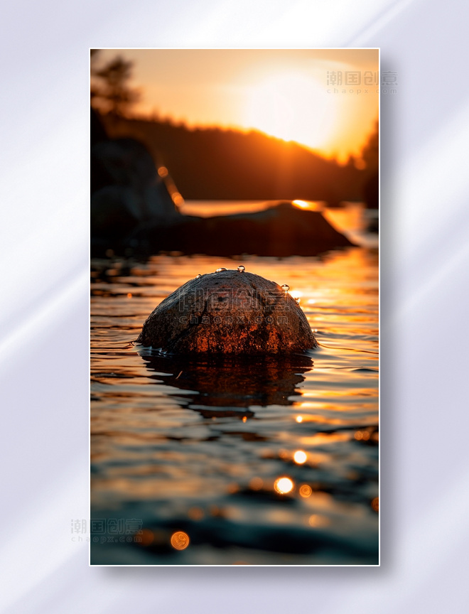 夕阳照在静谧的湖水水面中间有一个石头背景图