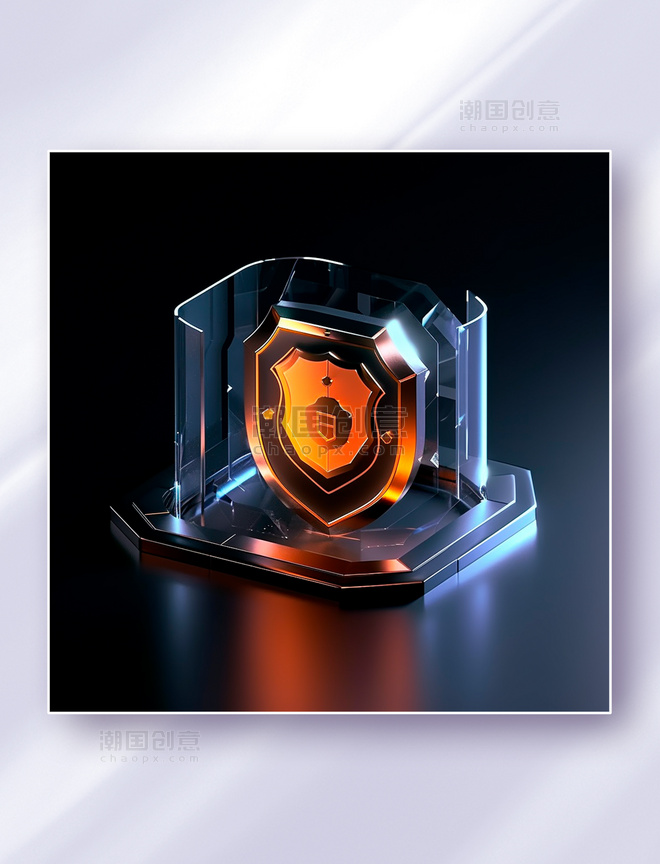 橙色玻璃质感防护盾安全系统科技感图标icon