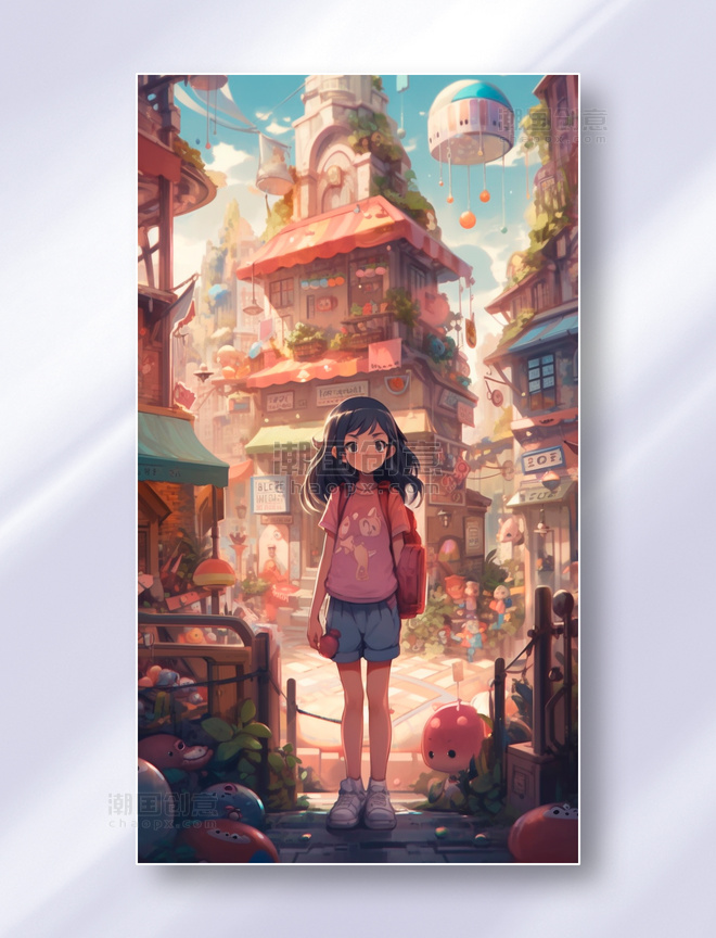 可爱的二次元小女孩背着书包站在繁华的商业街街头
