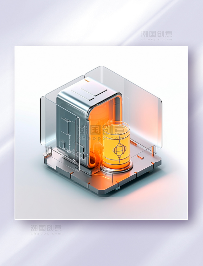 橙色金属质感磨砂玻璃保险防护科技感图标icon