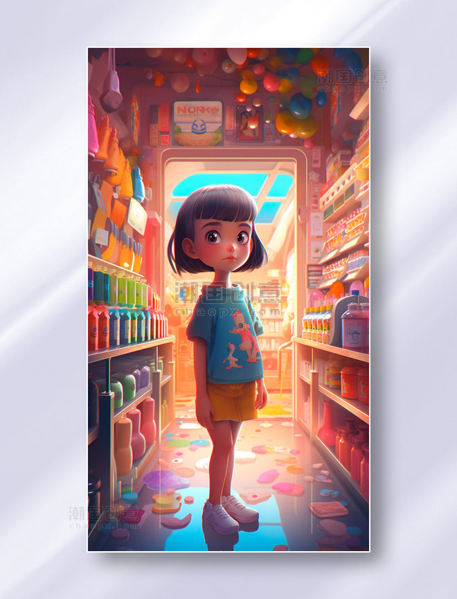 一个可爱的小女孩站在便利店两排商品货架之间插画
