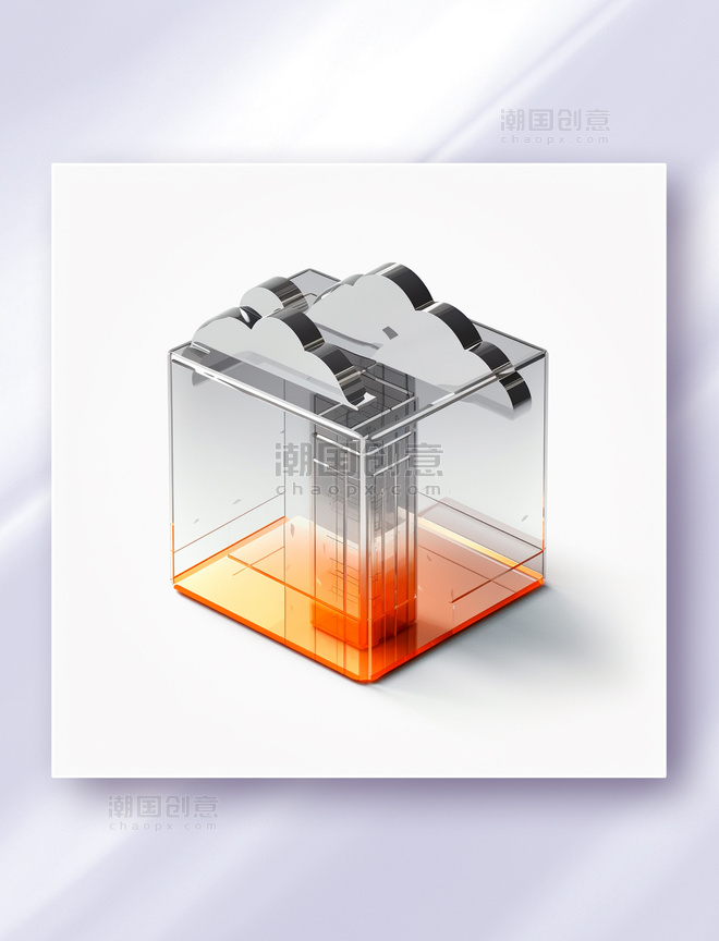 橙色磨砂玻璃云服务安全防护科技感图标icon