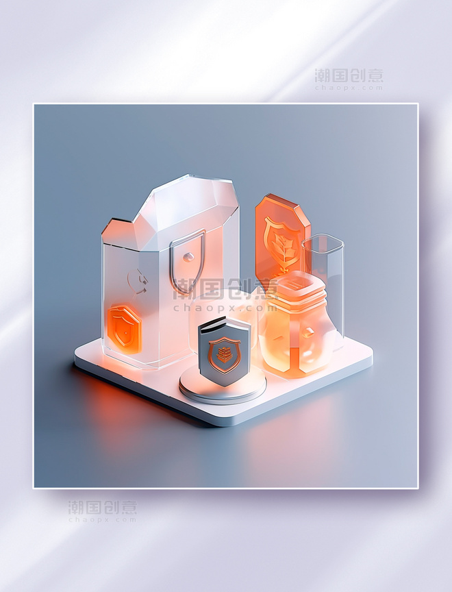橙色系磨砂玻璃网络安全系统防护图标科技感icon