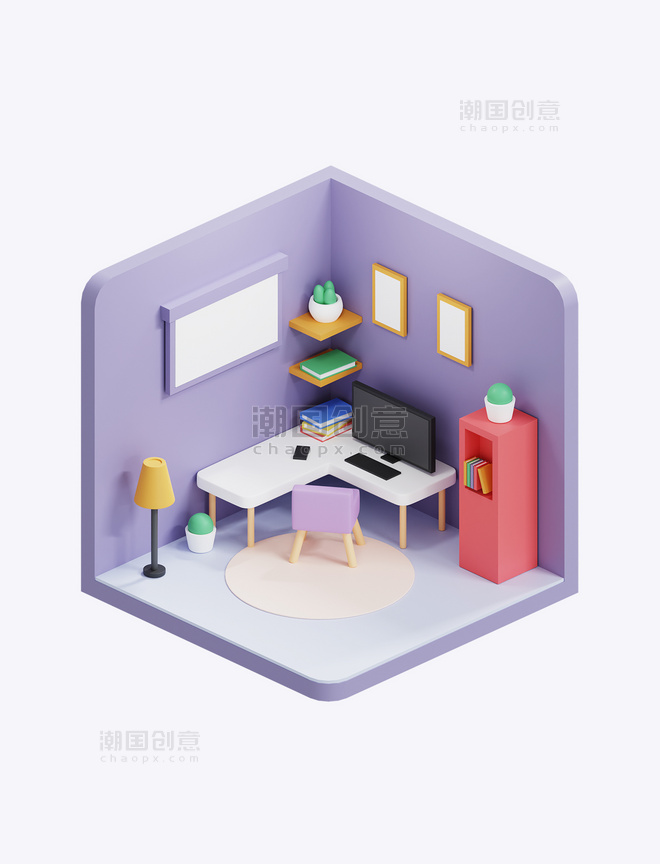 3D立体书房书桌桌椅室内设计