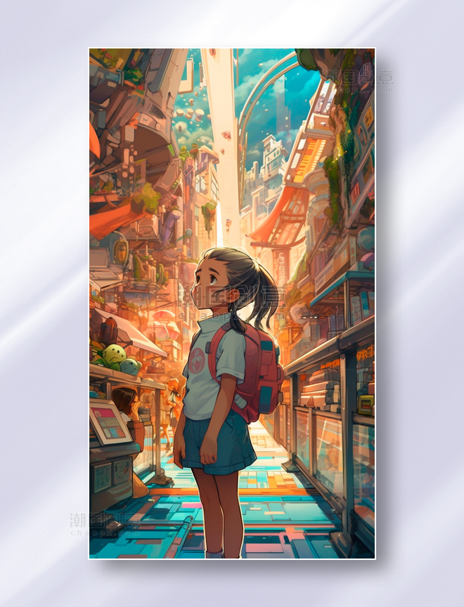 在未来的购物城里一个小女孩抬头看着商店货架上的商品插画