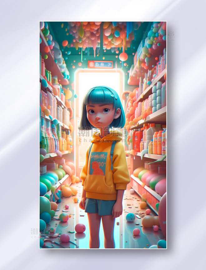 在琳琅满目的商店里小女孩站在货架之间插画