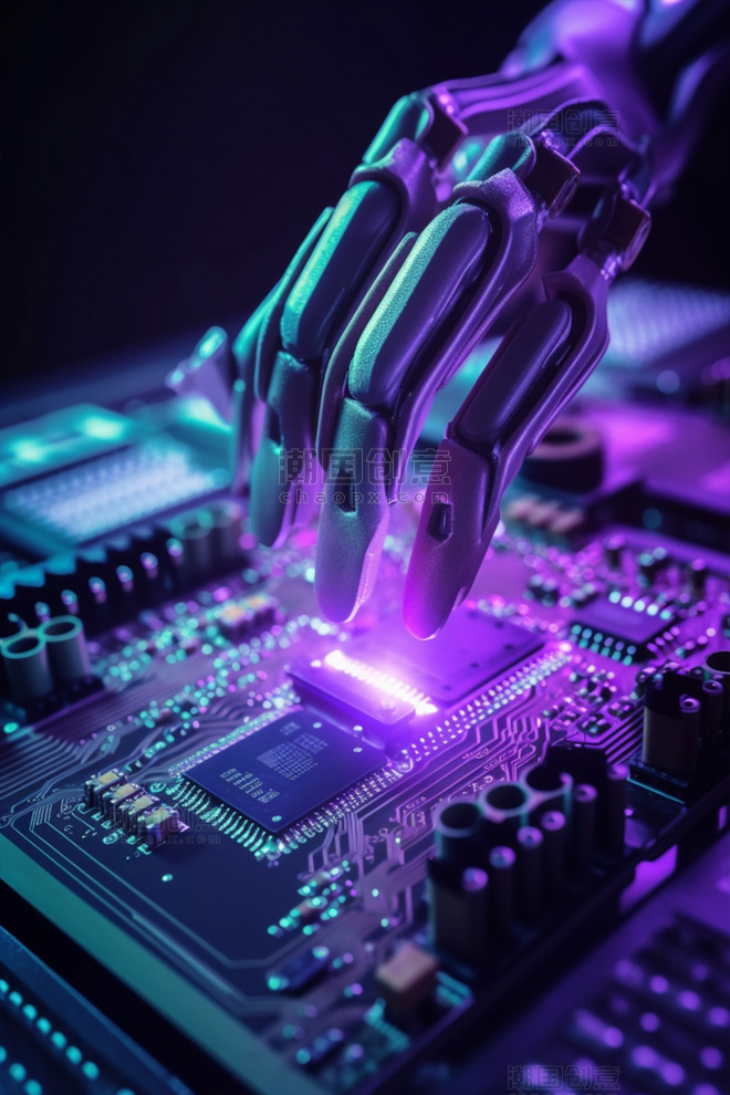 3D立体超写实科技微焦距紫色蓝色冷色芯片主板电路板机械臂