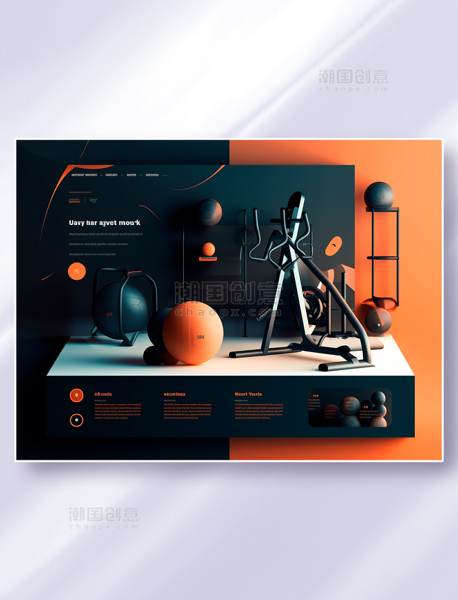 创意立体展台式黑橙色系运动健身器材器械官网网页界面设计