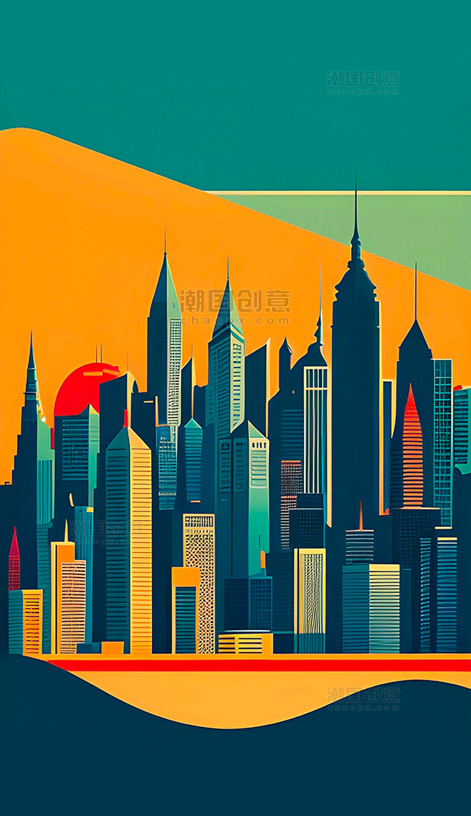 扁平风城市剪影建筑插画海报数字作品AI绘画数字艺术