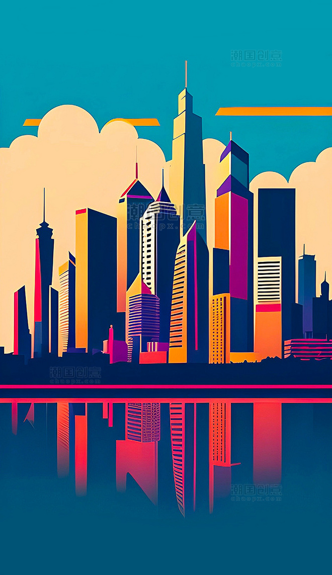 平面插画城市剪影建筑海报数字作品AI绘画数字艺术