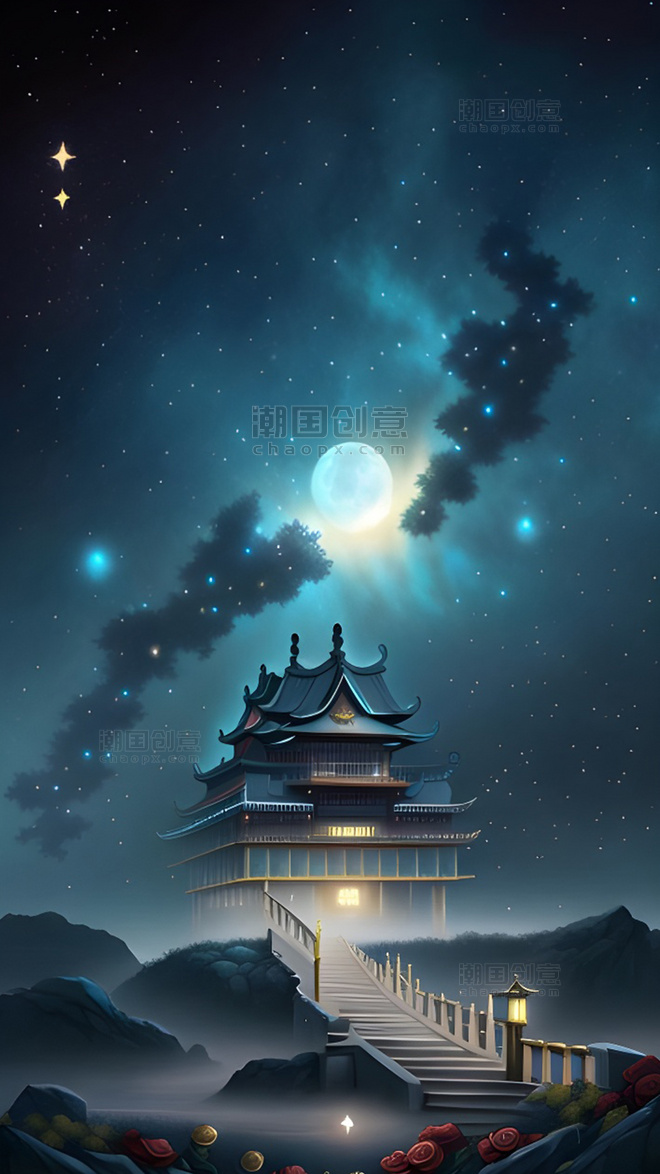 童话世界建筑星空古代中国风银河夜晚星空