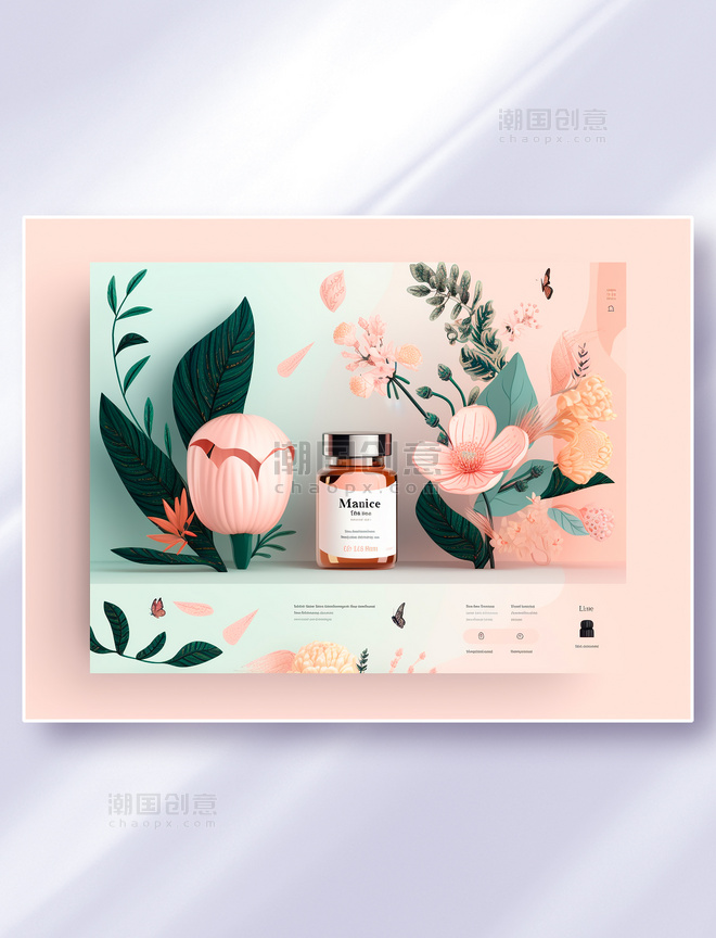 粉蓝色系植物花卉化妆品网站网页界面设计