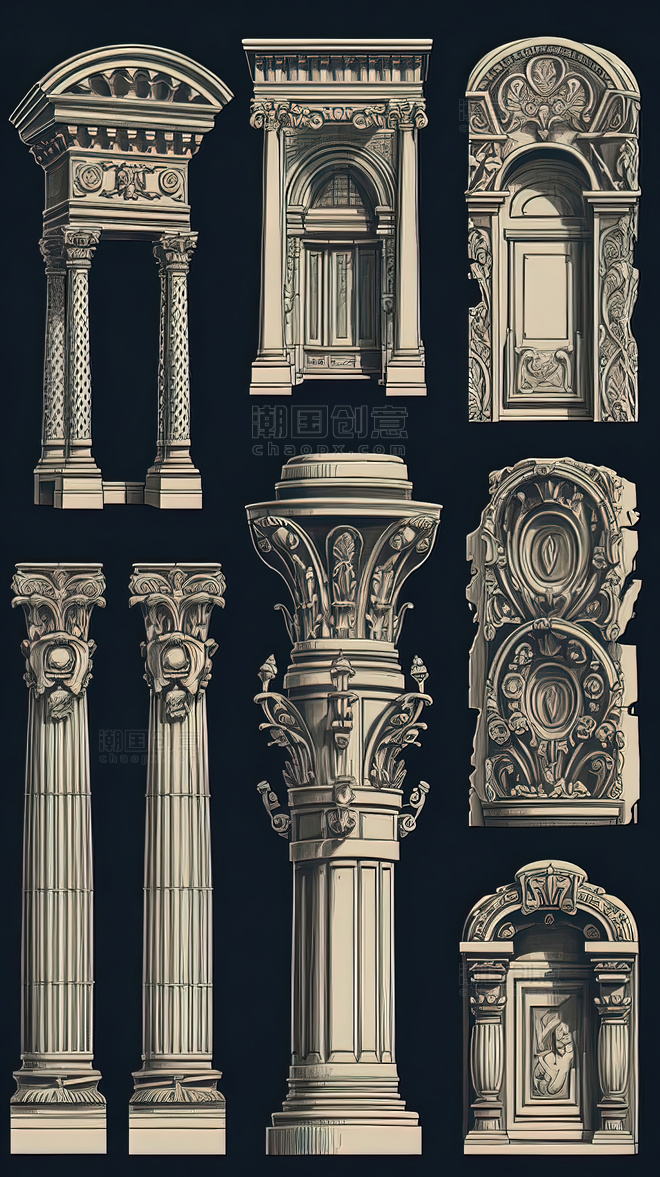 古代建筑雕花立柱欧式复古建筑