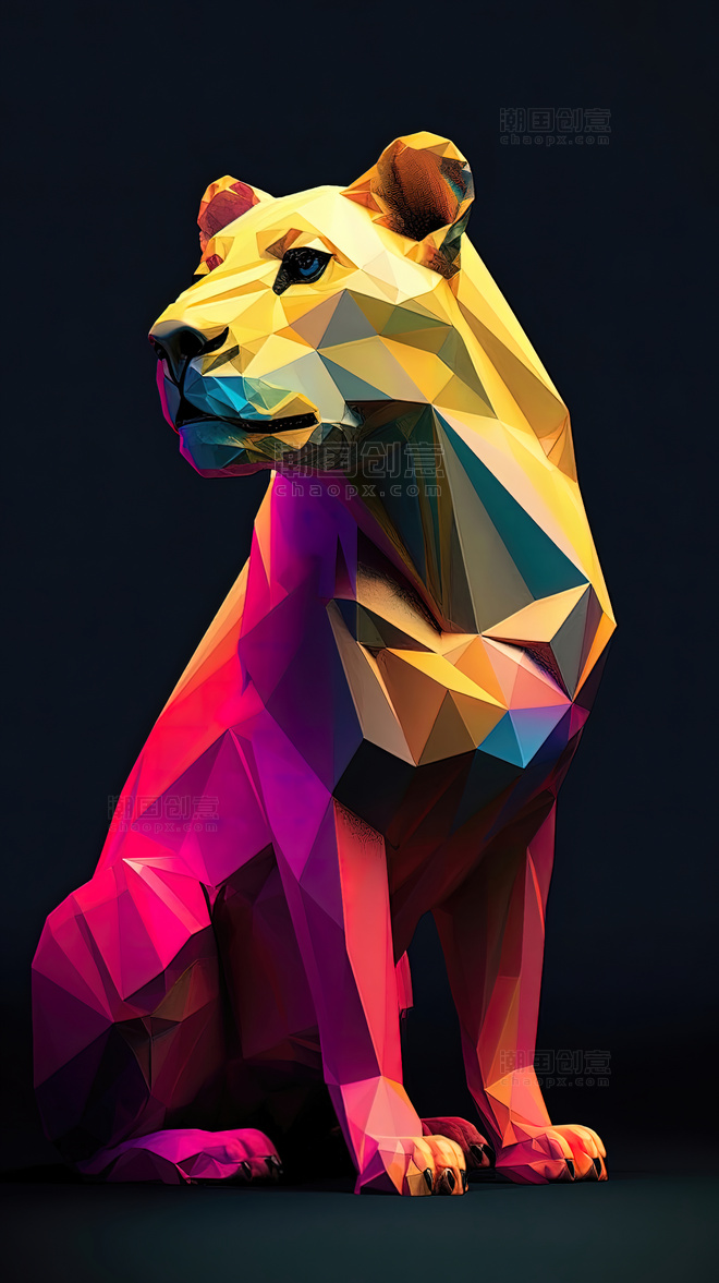 动物彩色狮子抬头观望几何晶格
