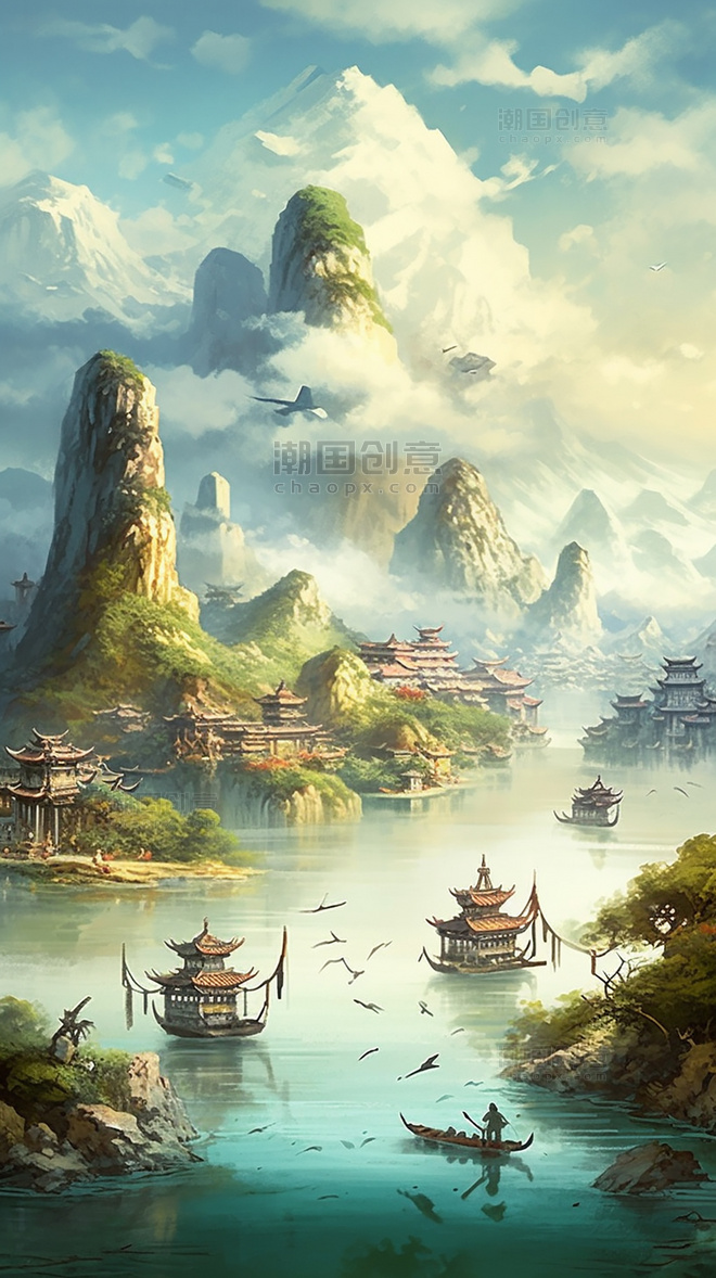 山水壮丽中国风远山景观图国潮风中国风清河船只鸟类风景插图