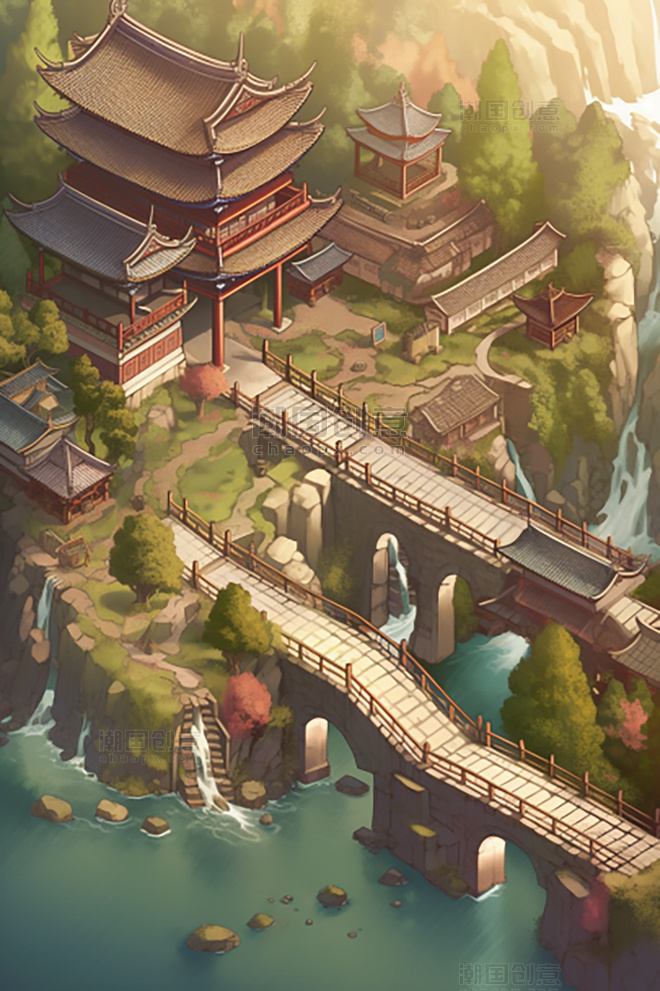 中国风国潮风景观图远山清河古建筑船只鸟类风景插图